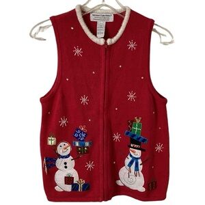 Vintage‎ Red Knit Christmas Holiday Sweater Vest Cardigan - Women's Size Small